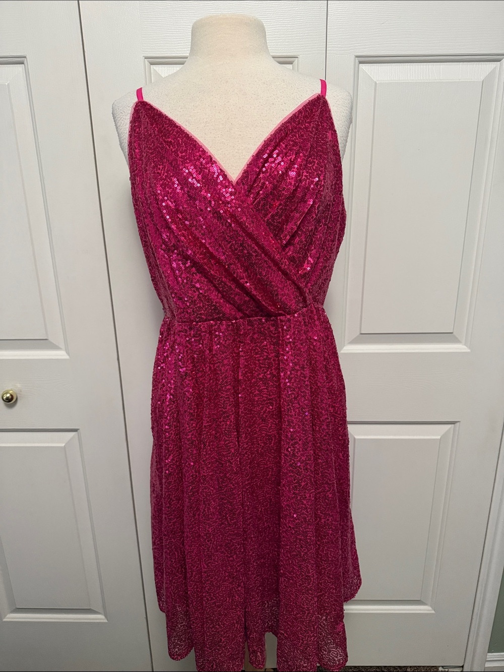 Grace Karin Fuchsia Sequin Midi Dress with Spaghetti Straps